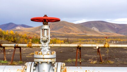 Rusty pipeline valve in autumn landscape