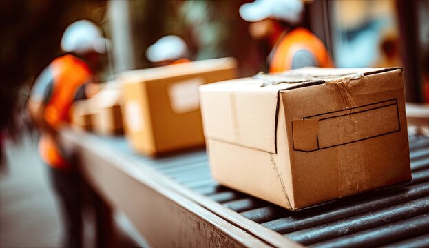 Cardboard boxes on a conveyor belt, handled by workers in orange vests