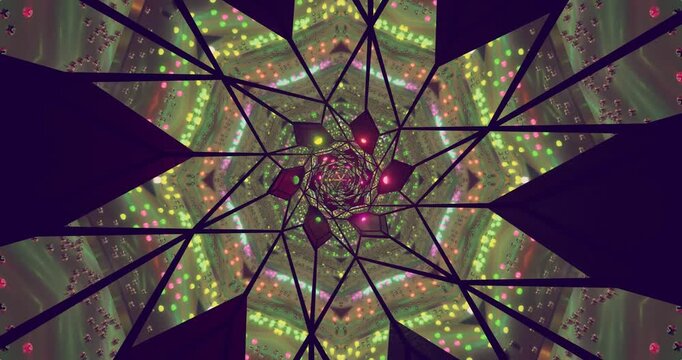 AI-generated abstract kaleidoscopic tunnel with glowing orbs and hexagonal pillars in colorful hues - Powered by Adobe