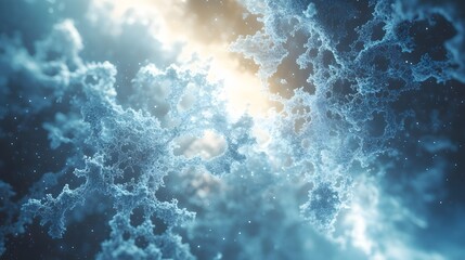 Abstract cellular structures with intricate patterns and glowing lights in deep blue hues