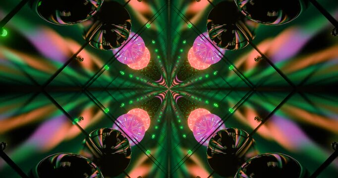 AI-generated abstract vibrant purple spheres and green rays in a symmetrical kaleidoscopic design