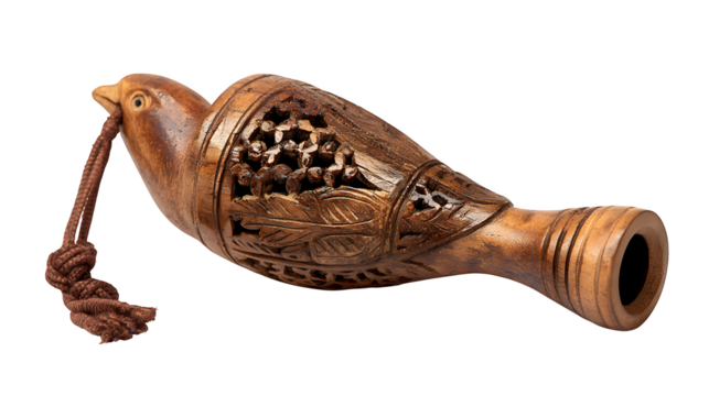 Small bird call device, wooden, with intricate carvings, isolated on Transparent background,