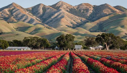 A field of vibrant red flowers stretches towards rolling hills
