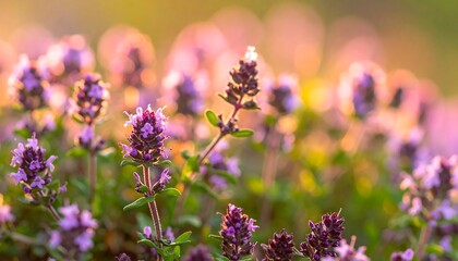 Obraz premium Close-up of Thyme flowers bathed in golden sunlight