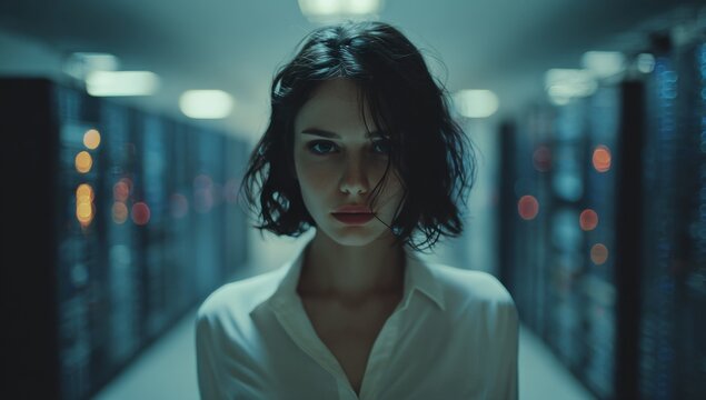 Woman in white shirt stares intently in data center aisle, servers glow