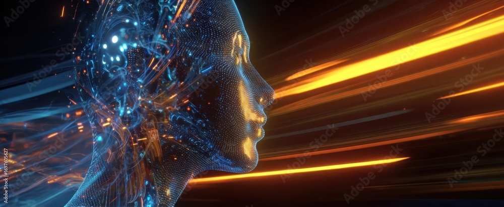 Poster the humanoid head of artificial intelligence surrounded by motion trails and neon data