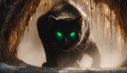 Black cat with glowing green eyes emerges from a straw structure