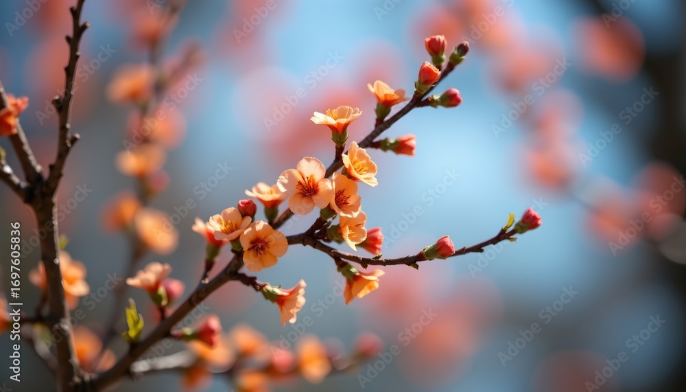 Poster closeup blossoming branch with soft bokeh background