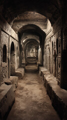 Ancient crypt stone tombs with intricate carvings, arched ceiling, dim light, mysterious mood