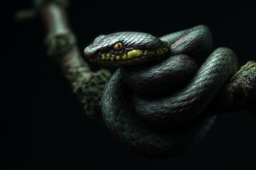 Obraz premium Striking viper coiled on a branch, intense golden eyes, dramatic lighting, perfect for wildlife projects and exotic themes