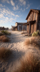 Old wooden buildings line sandy street in deserted ghost town under blue sky