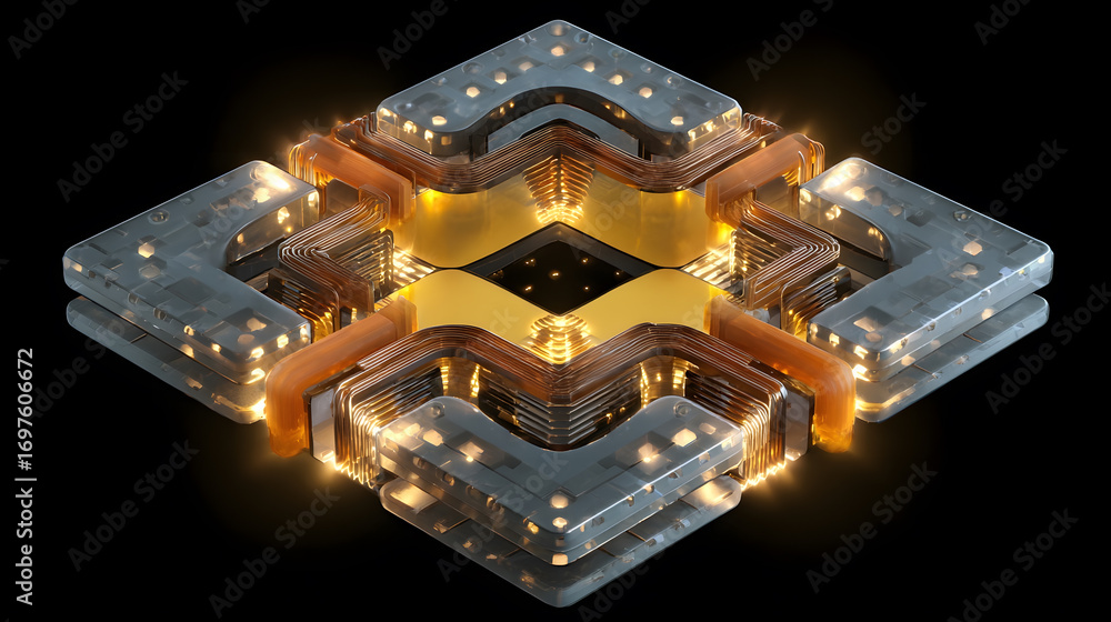 Poster illuminated symmetrical structure with layered design and golden accents