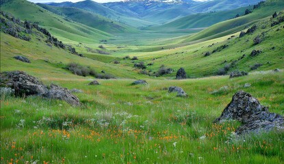 Lush valley with wildflowers and rocks