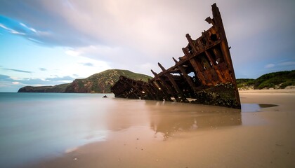 Rusty ship wreck on a beach at dawn