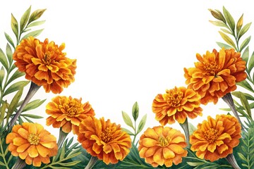 Watercolor Marigold Floral Arrangement on White Background with Copy Space Above