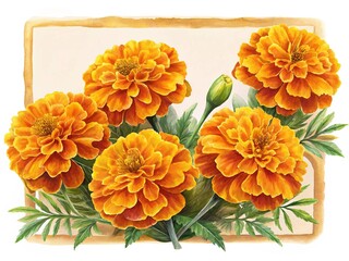 Watercolor painting of vibrant orange marigolds in a decorative frame, botanical artwork