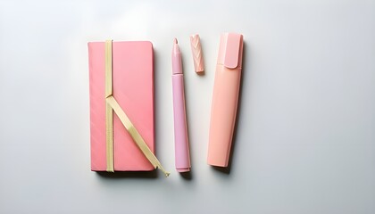 A pink notebook with a gold ribbon, a matching pink pen, and a peach-colored highlighter, all arranged neatly on a clean white background. Perfect for study, office, or creative wor
