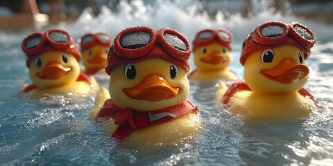 Several Yellow Rubber Ducks Wearing