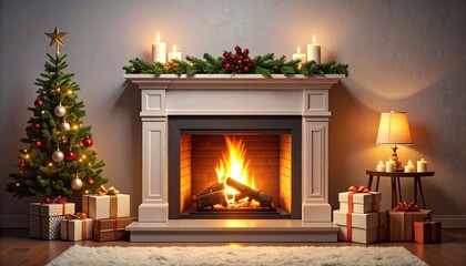 Cozy Christmas ambiance with fireplace, tree, gifts and soft lighting casting shadows