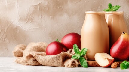 Two light beige smoothie jars, accompanied by fresh pears, apples, and mint leaves on a light-colored surface