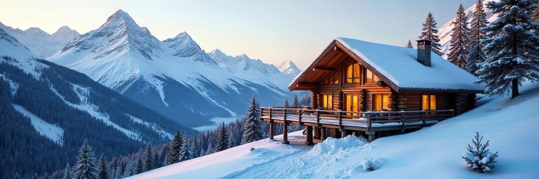 Cozy mountain chalet nestled amongst snow-capped peaks, offering stunning views and rustic charm Perfect for winter getaways and adventurous souls , warmth, home