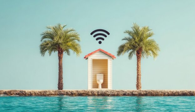 Whimsical, white, beach hut toilet with WiFi symbol, tropical palms