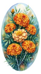 Elegant watercolor painting of vibrant orange marigolds with green leaves and buds
