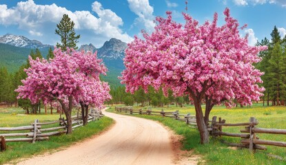 Fototapeta premium Pink blossom trees line a dirt road in a mountain meadow