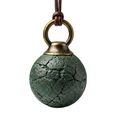 Rough unglazed verdigris ceramic orb, suspended by thick brown leather thong and brass loop, isolated on transparent background, professional studio light, ancient mystery concept