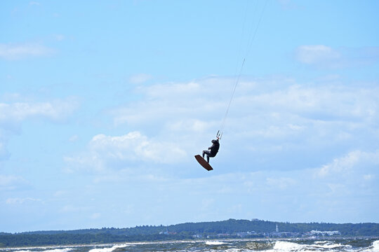 The moment of a high jump during kitesurfing (also known as kiteboarding)