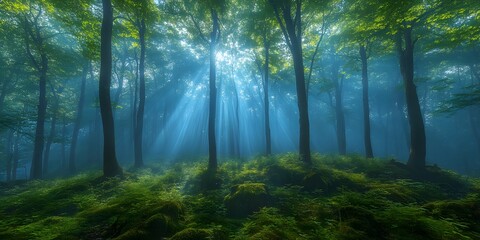 Naklejka premium Sunbeams pierce through lush green forest canopy illuminating misty woodland floor with vibrant light
