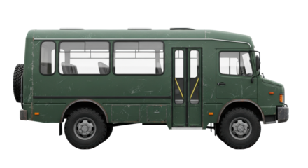 Dark forest green matte utility bus, weathered with scratches and rust, chunky off-road tires, sharp focus, isolated on transparent background, rugged utility concept