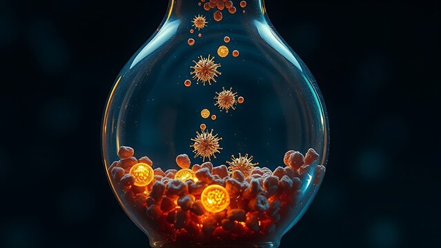 Translucent hourglass showing decaying cells transforming into glowing new structures, symbolizing cellular renewal.