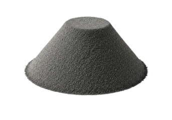 A precise, compact mound of ultra-fine, velvety dark grey ash centered on a transparent background with copy space, photorealistic studio shot, subtle decay concept