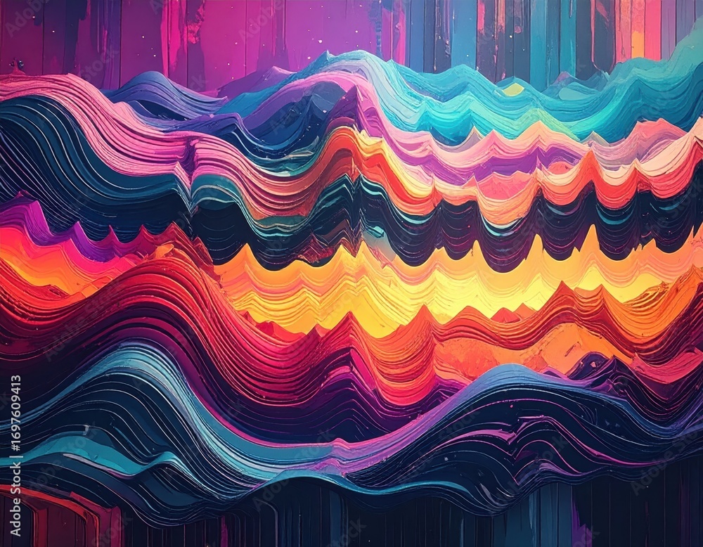 Poster vibrant abstract waves of color with textured layers and patterns