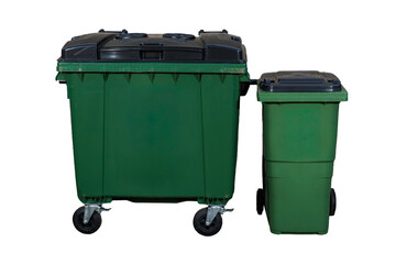Large and Small Green Recycling Bins with Black Lids