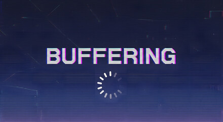 Buffering screen with glitch effect and loading spinner icon