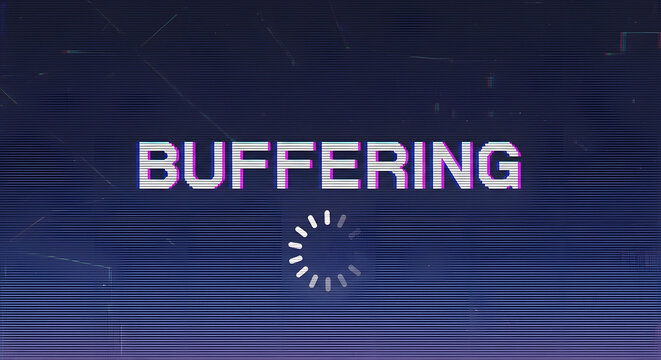 Buffering screen with glitch effect and loading spinner icon