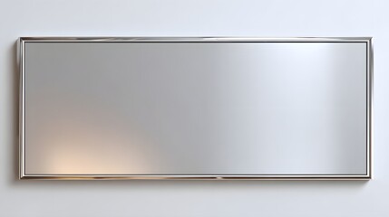 A rectangular, frosted glass panel is framed by a polished metal border against a plain white wall.