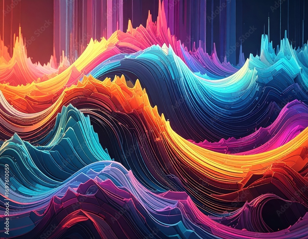 Poster vibrant abstract 3d waves flowing in multicolored patterns and textures