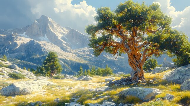 Majestic gnarled tree stands on rocky ground before snow capped mountains under a dramatic sky