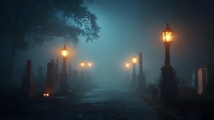 Misty cemetery pathway at night illuminated by glowing streetlamps, surrounded by tall gravestones and dense fog under a dark blue sky, evoking a haunting Halloween mood