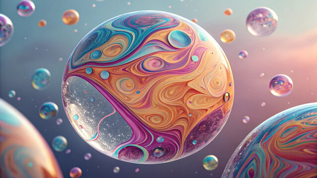 Vibrant swirling planet bubble floating in a colorful cosmic sky