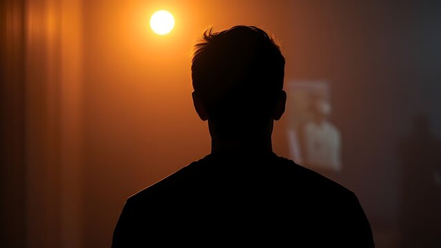 A silhouette in dim light with a faint glow, creating a mysterious and atmospheric mood.