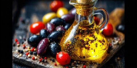 A stunning composition of olive oil, olives, and fresh tomatoes ready to enjoy.