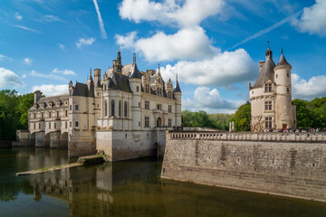 Chateau de Chenonceau, one of the most famous castles in the Loire Valley, and the ancient Mark Tower from the River Cher, Chenonceaux, Indre-et-Loire, Centre-Val de Loire, France