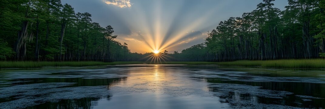 Sunburst rays over a tranquil swamp water landscape with cypress trees and marsh grass - Powered by Adobe