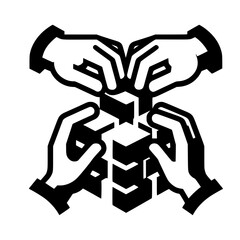 Four hands assembling blocks black vector icon with transparent background 