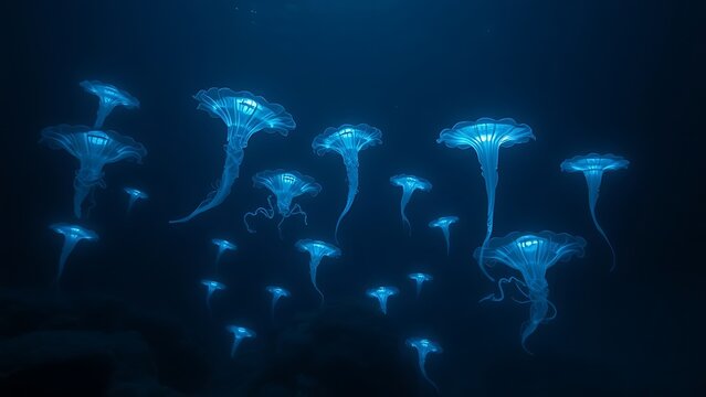 Strange and beautiful bioluminescent lifeforms emerging from the inky darkness of the deep ocean.