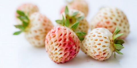 A delightful close-up of white strawberries, their unique pink blush adding a touch of elegance.